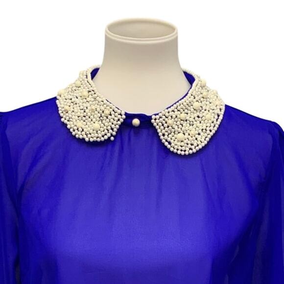 DizzyLizzy Womens Large Sheer Lightweight Pearl Beaded Collar Blouson Sleeve Top - Picture 2 of 6